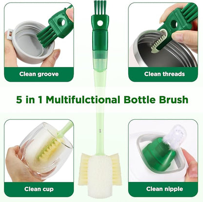 OUTXE 6 Pack Bottle Brush Set, 5-in-1 Water Bottle Cleaner Brush, 14" Long Handle Bottle Cleaning Brush, 3 Straw Brush, Removable Nipple Detail Brush for Cup Lid Gap, with Replecement Sponge