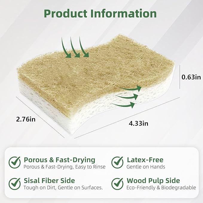 Kitchen Cleaning Sponges, Natural Cellulose Dish Sponge with Coconut Fiber Scrubber for Dishes, Pots and Pans, Eco Friendly Household Cleaning Sponge, 12 Pack