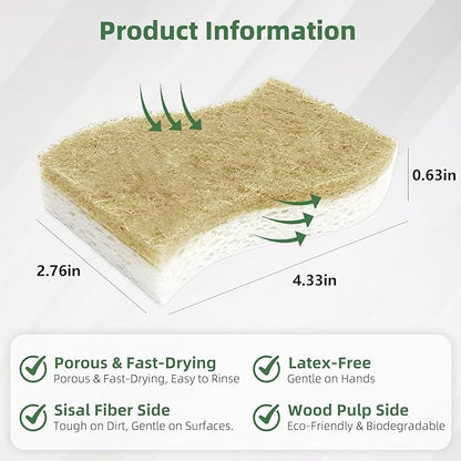 Kitchen Cleaning Sponges, Natural Cellulose Dish Sponge with Coconut Fiber Scrubber for Dishes, Pots and Pans, Eco Friendly Household Cleaning Sponge, 12 Pack