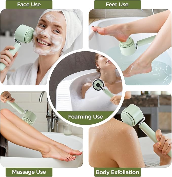 Electric Body Bath Brush for Shower, Rechargeable Body Brush with Detachable Long Handle and 5 Heads, 3 Speeds Bath Brush for Skin Care, Basic Cleaning and Massage (Sliver)