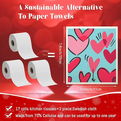 Swedish Dishcloths for Kitchen | 6 Pack Floral Reusable Paper Towels Washable | Swedish Dish Towels | Non-Scratch Cellulose Sponge Cloths | No Odor, Biodegradable Cleaning Cloths, Valentine's Day 3