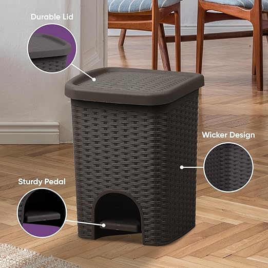 Superio 2-Pack Mini 6L Step Pedal Trash Can - Wicker Design, Hidden Mechanism, Durable Plastic, Ideal for Desktop, Countertop, Pet Waste/Dog Poop- Brown