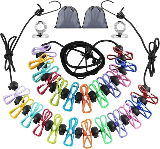2 Pcs Camping Clothesline Portable 12 Clothespins, Camping Accessories Travel Clothesline for Outdoor Indoor, Retractable Clothes Line Elastic Clothesline, Windproof for Travel Camping Indoor Use