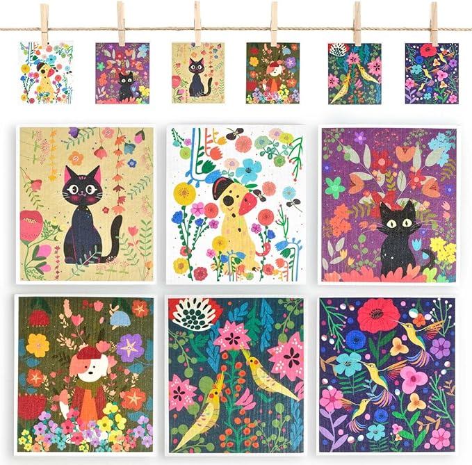 CONLI 6 Pack Swedish Dishcloth Reusable Dish Cleaning Towels Super Absorbent Fast Drying Cloths for Kitchen Cleaning - 6 Assortment Designs (H-Flower CAT Dog)