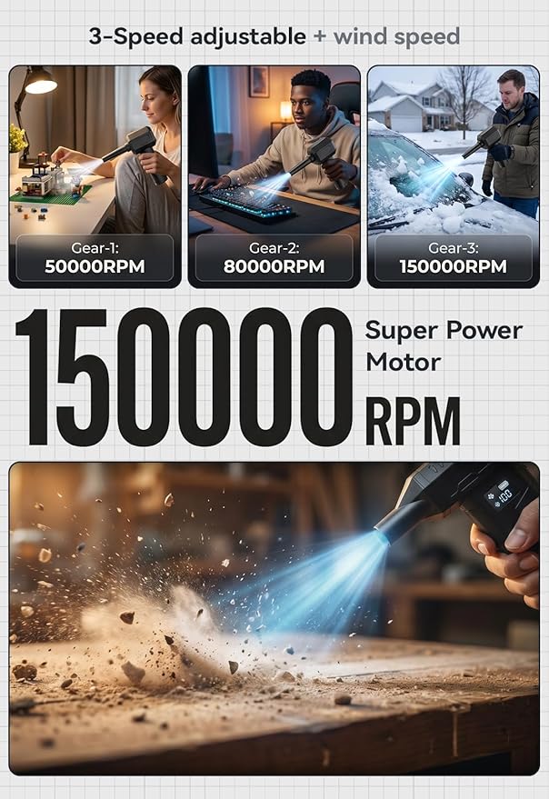Compressed Air Duster 150000RPM, Super Power Electric Air Duster Cordless with LED Light, Replaces Canned Air, Portable Dust Blower for Computer, Keyboard, Home, Outdoor & Car
