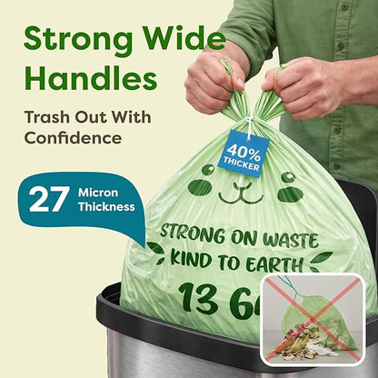13 Gallon Compostable Trash Bags (30 Count) — Leakproof Plant-based Thick (1.1 Mil) Tall Kitchen Garbage Bags — ASTM D6400 BPI Certified — Heavy-Duty Large Food Scrap Liner Bag with Handle-Tie