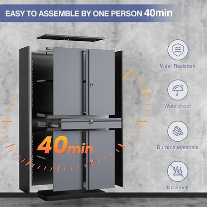 Metal Storage Cabinet with Drawer, Garage Storage Cabinet with Locking Doors and Adjustable Shelves for Garage, Home Office,Warehouse