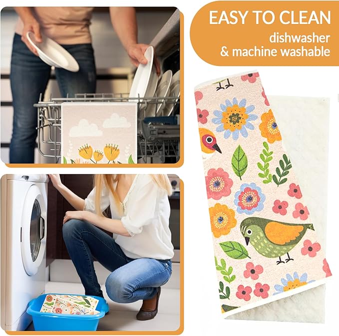 6 - Pack Swedish Kitchen Dish Cloths - Reusable Paper Towels for Counters & Dishes - Eco Friendly Cellulose Sponge Cloth (Broken Flowers)