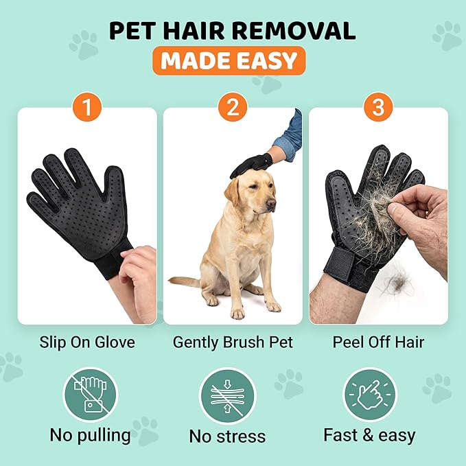 Pet Hair Remover Roller with 2 Grooming Gloves – Reusable Lint Remover for Dogs and Cats (Orange)