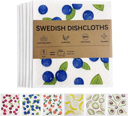 Kitchen Towels Swedish Dishcloths - 6 Count Reusable Paper Towels Washable, Cellulose Sponge Dish Towels for Kitchen Cleaning, Ultra Absorbent Odor Free Eco Friendly Biodegradable Cleaning Rags