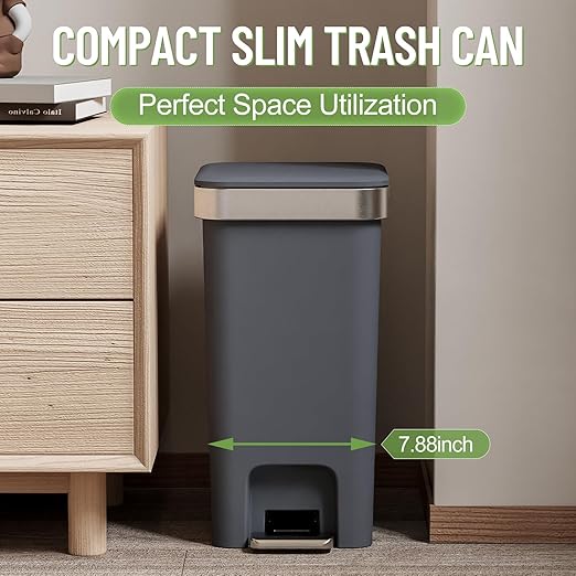 Bathroom Trash Can with Lid, 2.6 Gallon /10 Liter Small Garbage Can, Press Top Bin & Step Metal Pedal Trash Bin Plastic Wastebasket for Bedroom, Office, Kitchen, Dorm (Black Gray)