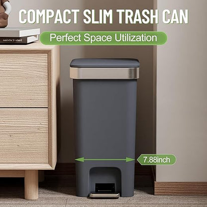 Bathroom Trash Can with Lid, 2.6 Gallon /10 Liter Small Garbage Can, Press Top Bin & Step Metal Pedal Trash Bin Plastic Wastebasket for Bedroom, Office, Kitchen, Dorm (Black Gray)