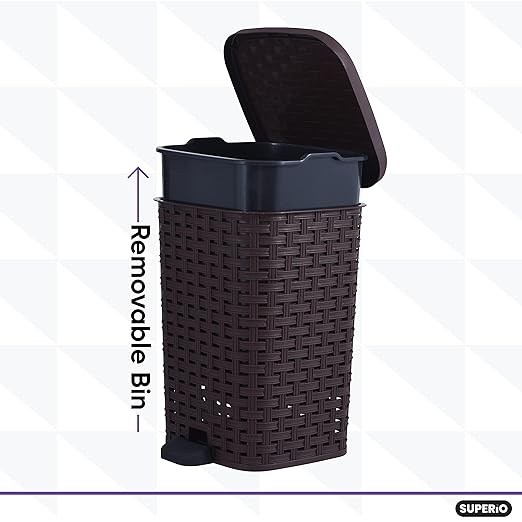 Superio Mini Trash Can with Foot Pedal Small Outdoor Garbage Can with Lid, 1.5 Gallon Plastic Waste Basket for Bathroom, Bedroom, Kitchen, Office, Patio (Wicker Brown 6 QT.), 2 Pack