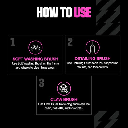 Muc-Off 220 3 Piece Premium Brush Kit - Includes 3 Bike Cleaning Brushes With Durable Nylon Bristles And Ergonomic Rubberised Handles To Minimise Impact