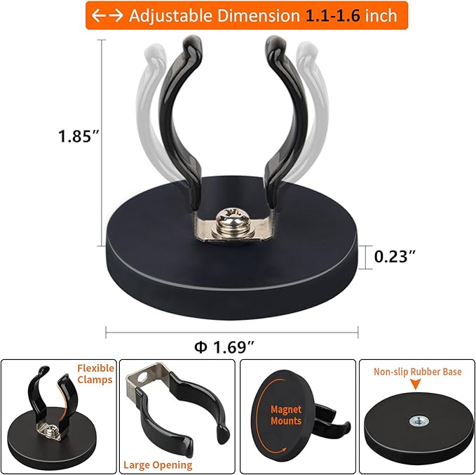 MUTUACTOR Universal Magnetic Mount Heavy Duty Hooks for Flashlight Holder,Anti-slipLarge Opening Durable Magnets Flexible Clamps for Garage Organize Garden Workshop Tools Storage,8PCS