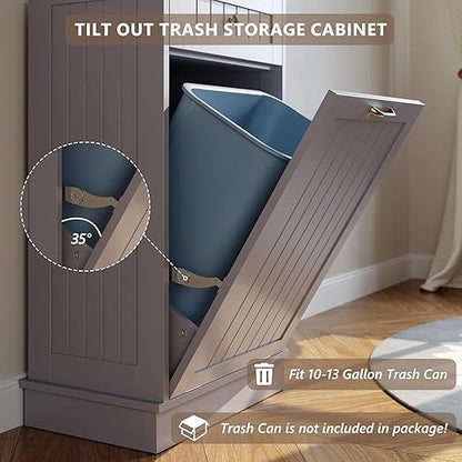 LOUVIXA Tilt Out Trash Can Cabinet, Hidden Trash Cabinet with Drawer, Wooden Dog Proof Trash Can Holder, Tilt Out Laundry Hamper, Garbage Can Holder (Gray)