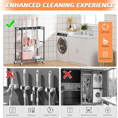 Broom and Mop Holder, MUNNAR Broom Closet Storage Cabinet, Cleaning Cart with Broom and Mop Hanger, Janitorial Cart with Wheels for Household, Laundry Room Organization