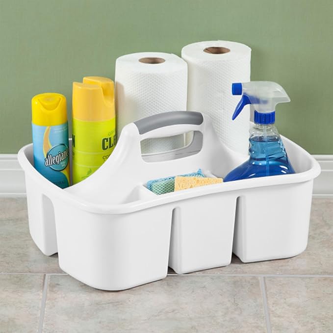 Sterilite Divided Ultra Caddy, Plastic, Portable Storage to Hold Bathroom and Cleaning Supplies, 5 Large Compartments and Handle, White, 12-Pack