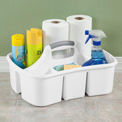 Sterilite Divided Ultra Caddy, Plastic, Portable Storage to Hold Bathroom and Cleaning Supplies, 5 Large Compartments and Handle, White, 12-Pack