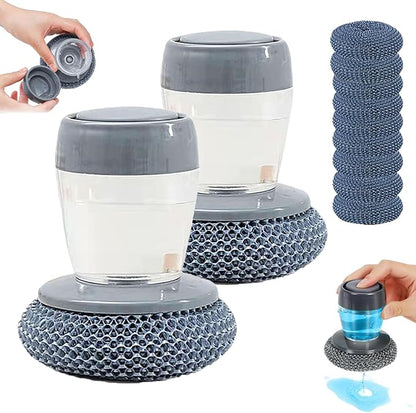 Comfort Grip Soap Dispensing Kitchen Scrub, Kitchen Scrub Brush with Built-in Soap Dispenser Without Soap, Replaceable Nylon Bristles, Non-Slip Handle for Cleaning Dishes (2+9pcs Cleaning Ball)