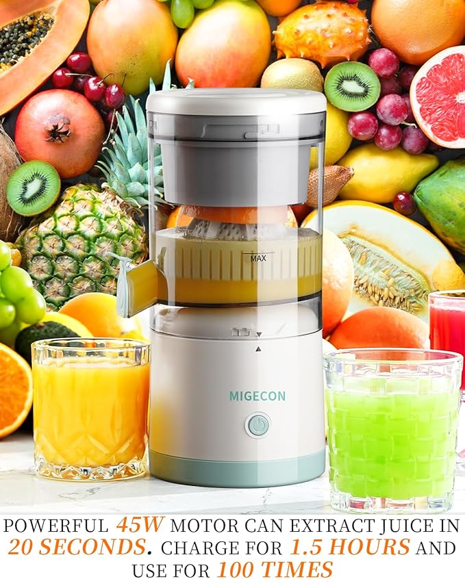 MIGECON Electric Citrus Juicer, Rechargeable Orange Juicer Squeezer with USB and Cleaning Brush, Portable Electric Juicer Machine, for Lemons, Limes, and Grapefruit, White