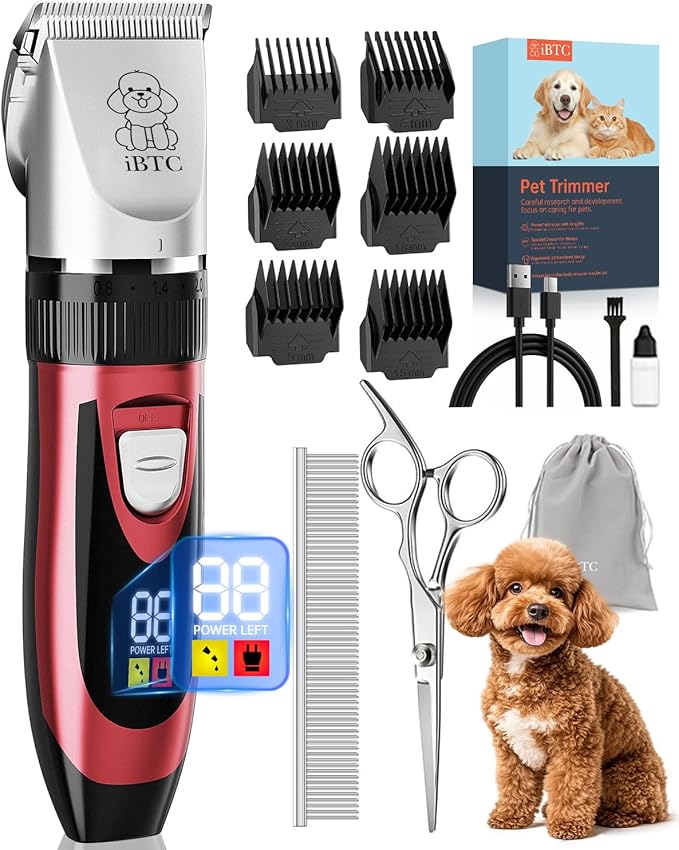 iBTC Dog Shaver Clippers Low Noise Rechargeable Cordless Electric Quiet Hair Clippers Set for Dogs Cats Pets Features a Ceramic Blade Head that is Removable (red)