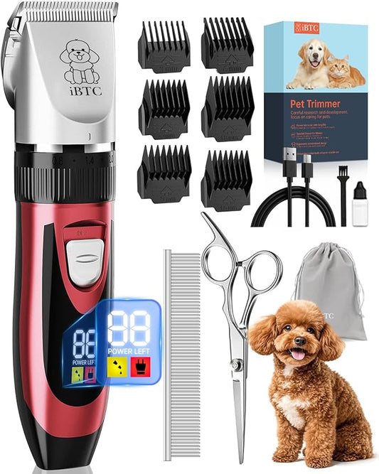 iBTC Dog Shaver Clippers Low Noise Rechargeable Cordless Electric Quiet Hair Clippers Set for Dogs Cats Pets Features a Ceramic Blade Head that is Removable (red)