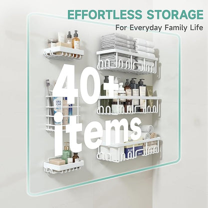 Veken 6-Pack Rustproof&Waterproof Shower Caddy, Adhesive Shelves Rack with Soap Holder, Large Bathroom & Washroom Organizer, No Drilling Wall-Mounted Kitchen&Home Decor,Ideal for Bathtub Storage,White