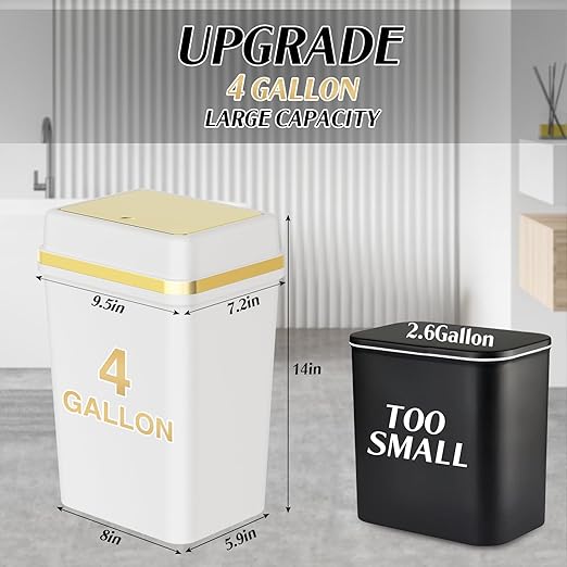Bathroom Trash Can with Lid 4 Gallon White Trash Can with Press Top Lid Bedroom Trash Can Small Garbage Can with 150 Counts Trash Bags for Small Bathroom Bedroom Office