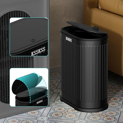 KSSKSS 1.8 Gallons Small Stainless Steel Trash Can with Press Type Lid, Slim Bathroom Garbage Bin, Removable Liner Bucket, Dog Proof Narrow Wastebasket with Pop-Up Lid for Bedroom,Toilet (Matt Black)