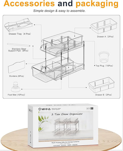 Sevenblue Under Sink Organizer, Bathroom Organizers and Storage, 2 Tier Multi-Use Pull Out Cabinet Organizer with Hang Hooks and Cups (transparent, 2 Pack)