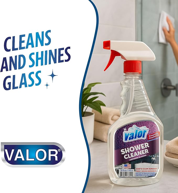 Valor Shower Cleaner Spray – Soap Scum & Hard Water Stain Cleaning Solution for Bathroom, Tub & Tile, (32 Fl Oz (Pack of 3))