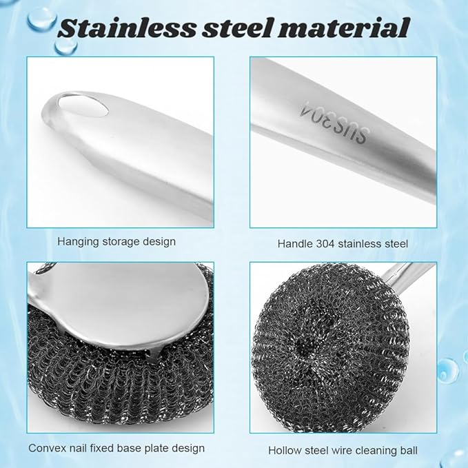5Pcs Stainless Steel Wool Scrubber Sets, with Long & Short Handle & 3Pcs Detachable Pads, Metal Pot Scrubbers for Cleaning Dishes Iron Pots Stoves