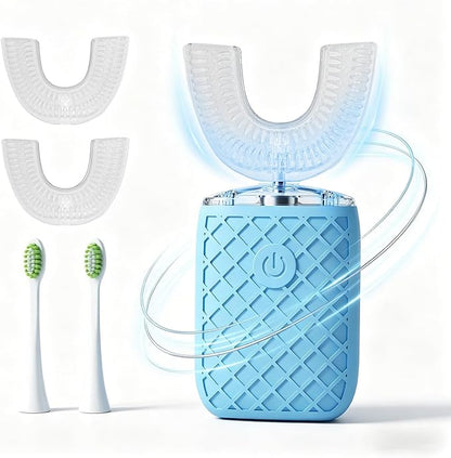 Sonic Electric U Shaped Toothbrush for Adults, Automatic Full Mouth Cleaning Toothbrush, 360° Stain Removal, IPX7 Waterproof Rechargeable, 3 U-Shape & 2 Straight Brush Heads (Blue)