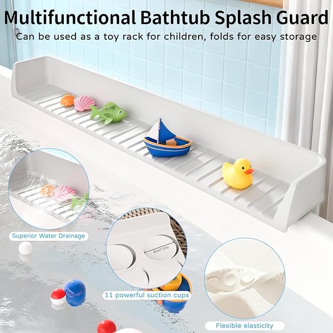Splash Guard for Bathtub, Bathtub Splash Guard with Strong Suction Cups, Silicone Toy Tray Caddy Holder Storage Over Tub, Prevent Water Splashing in The Bathroom(2.62-FT)