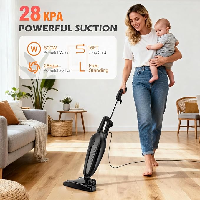 Zefiro Lightweight Corded Stick Vacuum, High Suction Bagless Small Vacuum Cleaner for Carpet Hardwood Floor Pet Hair, Portable Handheld Vacuum for Home RV Apartment Stairs Sofa
