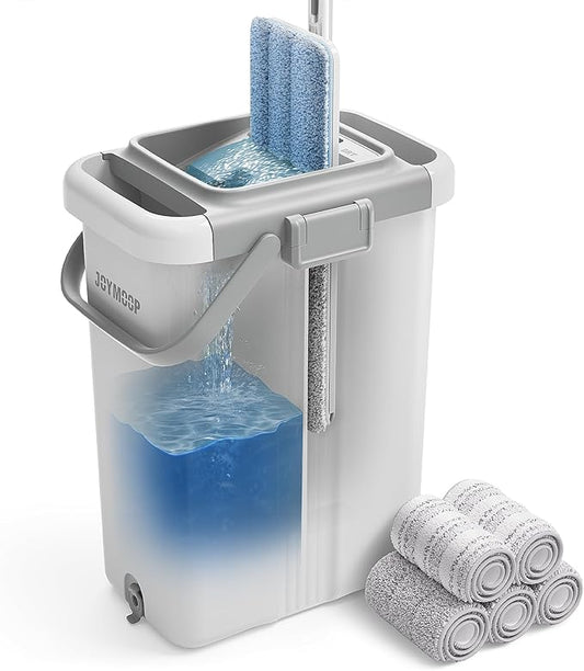 JOYMOOP Mop and Bucket Set – Hands-Free Flat Floor Mop for Household and Commercial Use, with 3 Washable Microfiber Pads, Wet and Dry Cleaning System, Ideal for Home and Office Floors
