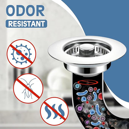 Kitchen Sink Drain Strainer 3 Pack, 304 Stainless Steel Pop Up Sink Stopper, Anti-Clogging Sink Drain Strainer for US Standard Kitchen Drain (Chrome)