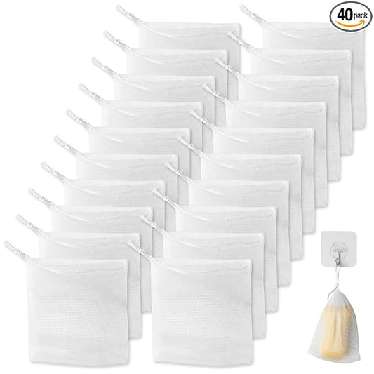 40 PCS Soap Saver Bag, Exfoliating Mesh Soap Saver Pouch Bags, Bubble Mesh Net Bags with Drawstring, Easy to Store, for Shower, Face Cleansing, White