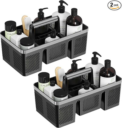 BYUNER 2Pack Plastic Shower Caddy: Portable Hard Bathroom Basket Tote with Handle, 4 Divided Compartments, All-Side Drainage, Non-Mesh Shower & Cleaning Caddy Organizer for College Dorm, Black/Silver