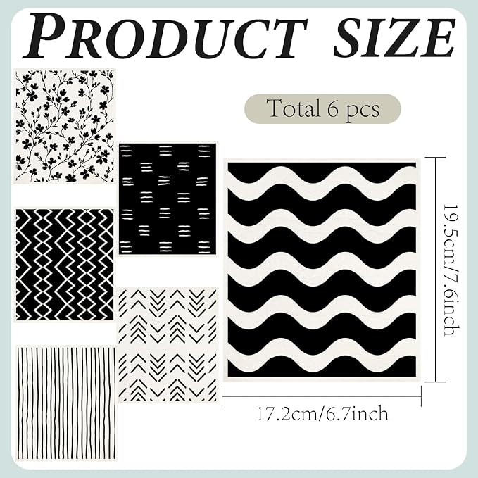 6Pcs 6 Styles Geometric Dish Cloths Swedish Dishcloths for Kitchen Reusable Wash Towels Washable Rectangle Cellulose Sponge White and Black Flower Simple Line Mixed Pattern for Cleaning