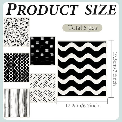 6Pcs 6 Styles Geometric Dish Cloths Swedish Dishcloths for Kitchen Reusable Wash Towels Washable Rectangle Cellulose Sponge White and Black Flower Simple Line Mixed Pattern for Cleaning