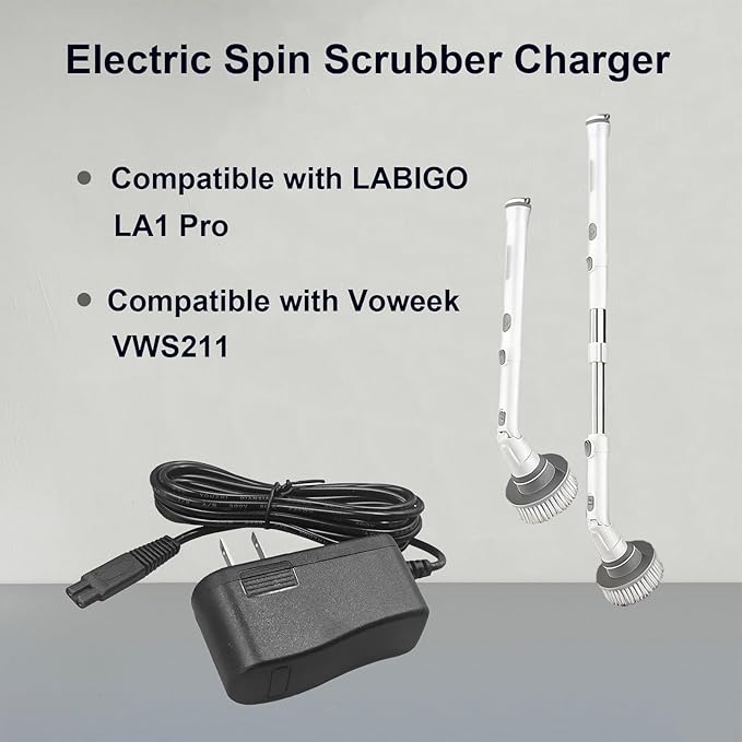 9V Charger for Electric Spin Scrubber, Compatible with LABIGO Cordless Spin Scrubber LA1 Pro, Replacement for Voweek VWS211 Power Cord Adapter
