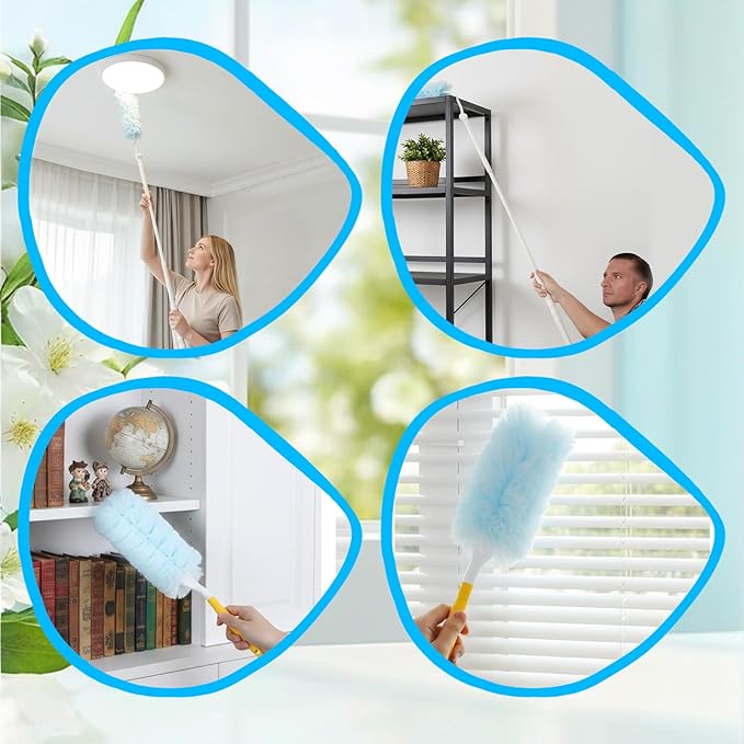 60 Count 360° Duster Refills, Disposable Heavy Duty Duster Refills Kit with 2 Handles, Microfiber Duster Feather Duster Electrostatic Lock-Dust System for Cleaning Furniture, Blinds, Electronics