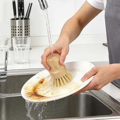 2 Pack Bamboo Dish Brush with Drain Holder - Natural Scrub Brush for Dish with Sisal Bristle, Wooden Dish Scrubber for Kitchen Cleaning Dishes, Pots, Pans and Vegetables