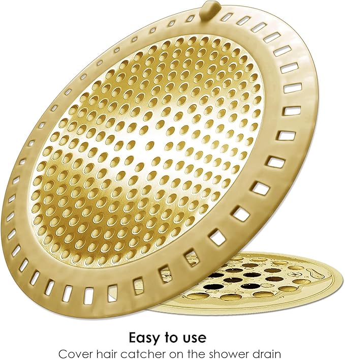 Seatery 2PCS Hair Catcher Shower Drain/Strainer/Cover/Filter/Trap, Bathtub Drain Cover Hair Catcher, Hair Stopper for Bathroom Sink/Floor Drain, Stainless Steel and Silicone Drain Strainer, Gold