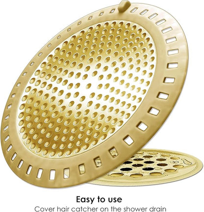 Seatery 2PCS Hair Catcher Shower Drain/Strainer/Cover/Filter/Trap, Bathtub Drain Cover Hair Catcher, Hair Stopper for Bathroom Sink/Floor Drain, Stainless Steel and Silicone Drain Strainer, Gold