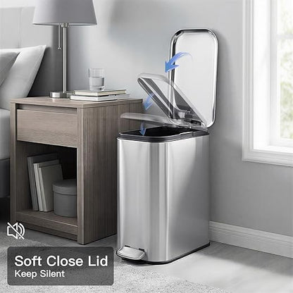 GlowSol Bathroom Trash Can with Lid, 3.2 Gallon 12 L Stainless Steel Step Trash Can with Removable Liner Bucket, Slim Small Wastebasket for Toilet Bedroom Office, Silver
