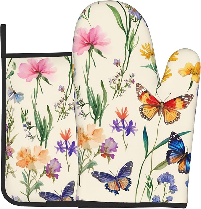 Vintage Floral Oven Mitts and Pot Holders Spring Summer Kitchen Accessories Set of 2 Wildflower Herb Flowers Gloves Potholder for Chef Cooking Baking Grilling BBQ