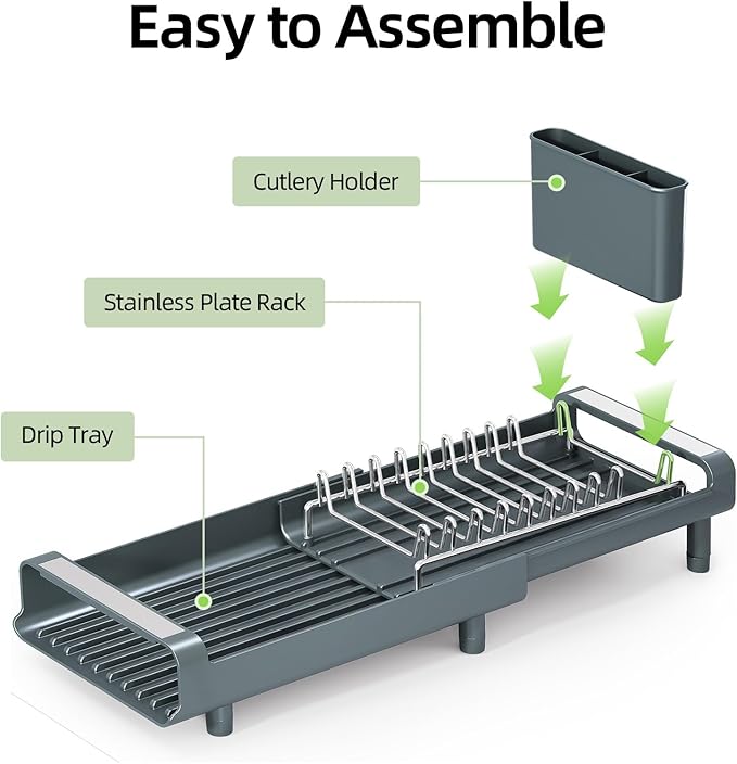 TOOLF Small Dish Drying Rack, Mini Expandable Compact Dish Rack, Slim Extendable Stainless Steel Dish Drainer for Kitchen Countertop, Space Saving Dish Strainer, Dark Slate Gray